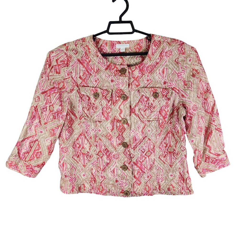 Womens Charter Club Pink & Beige Geometric Print Linen Jacket Button Up Size L